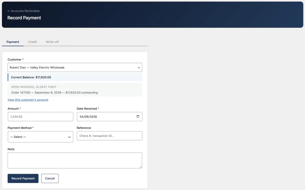 Record Payment form with Payment, Credit and Write-off tabs, a selected customer with their current balance and open invoices listed oldest first, and fields for amount, date received, payment method, reference and note