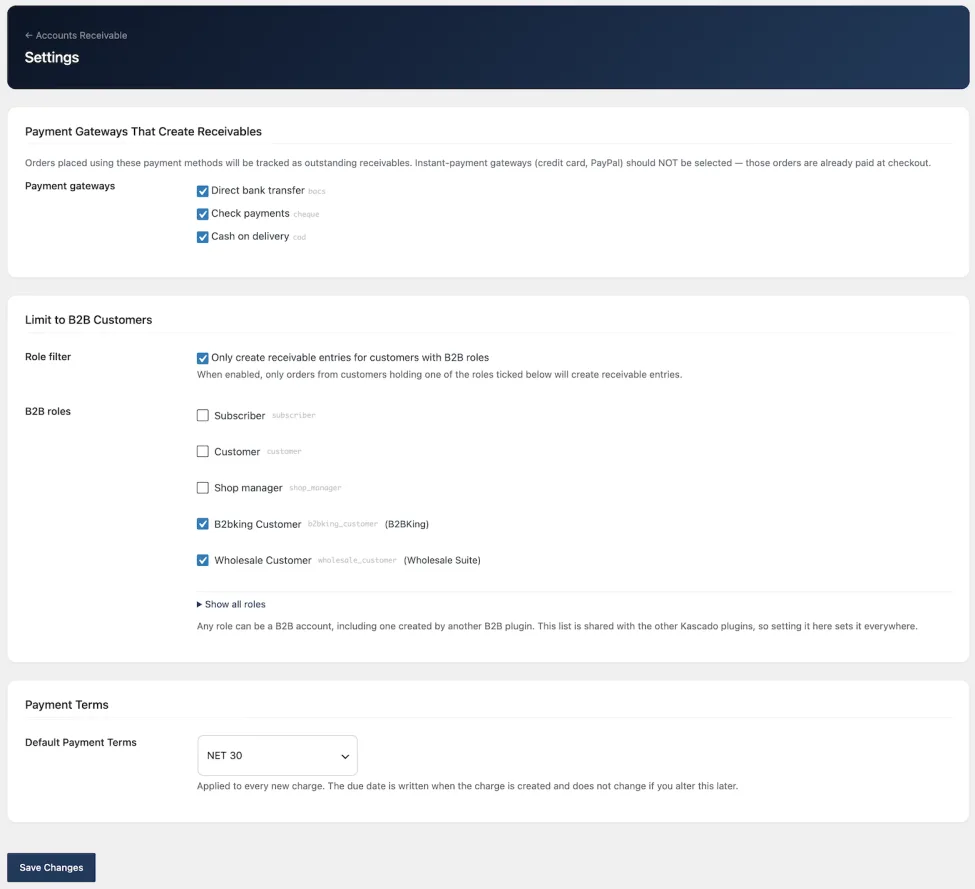Settings screen with bank transfer, check and cash on delivery ticked as payment gateways that create receivables, a B2B role filter with two wholesale roles ticked, and default payment terms set to NET 30