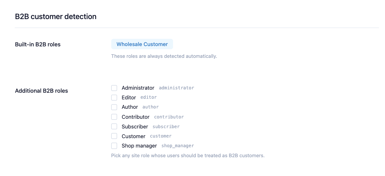 B2B customer detection settings showing built-in role detection, additional role checkboxes, minimum orders fallback, and excluded accounts configuration